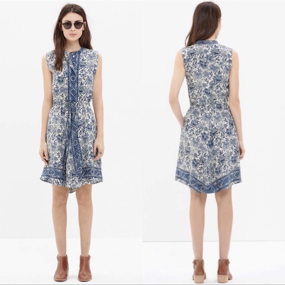 Madewell Blue and White Printed Sleeveless Tie-Neck Dress